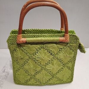 Fossil Straw Mini Satchel Bag Purse Green Double Handle Wood Zip Top